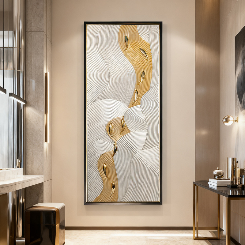 手工九鱼图轻奢玄关装饰画寓意好简约客厅立体画竖版入户走廊壁画
