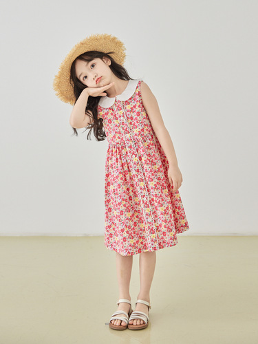 Ladies' Spring and Summer New Red Floral Print Blouse Dress, Pure Cotton Sleeveless Collar Sweet Princess Dress