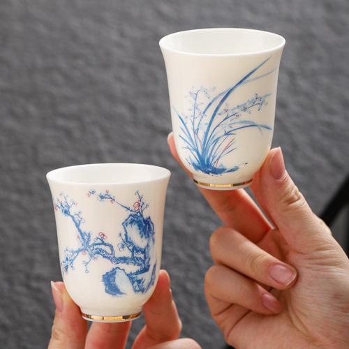 Teacup White Jade Gongfu Tea Cup Plum, Orchid, Bamboo, and Maple Owner Cup Aroma Cup Single Cup Tea Lamp Festival Gift Set