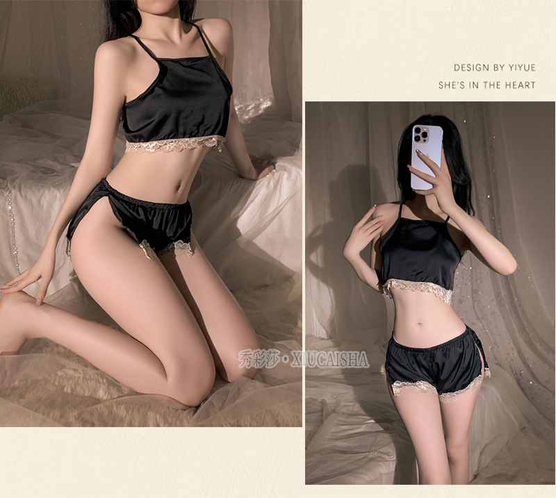 Women’s Sexy Split Sling Lingerie Set with Shorts and White Stockings, Pink One Size — detail image 10