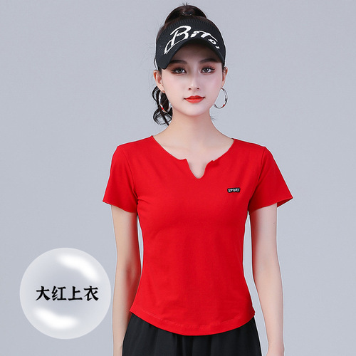 Momo Muda Spring and Summer Square Dance Small V-Neck Top for Women, Sports Fitness Dance Exercise Short-Sleeve T-Shirt Fashion Dance Costume