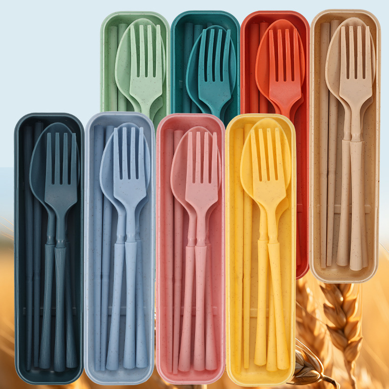 Cross-border Amazon wheat straw tableware Xiao Manniao knife fork spoon chopsticks fruit fork outdoor portable tableware set