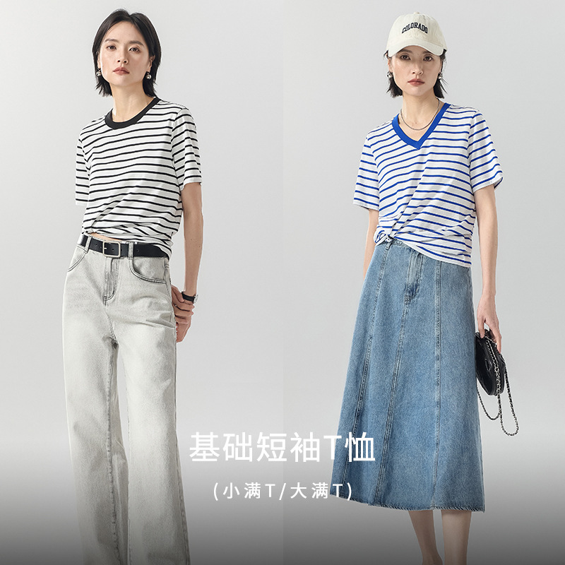 2025 New Basic Short-Sleeved T-Shirt, Easy-Care Contrasting Color Knitted Top, Slightly Loose, Slimming Look and Casual T-Shirt