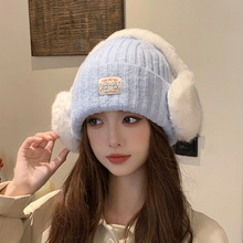 韩版贴布耳机针织帽子女冬季可爱蓝色保暖加厚大头围显脸小毛线帽