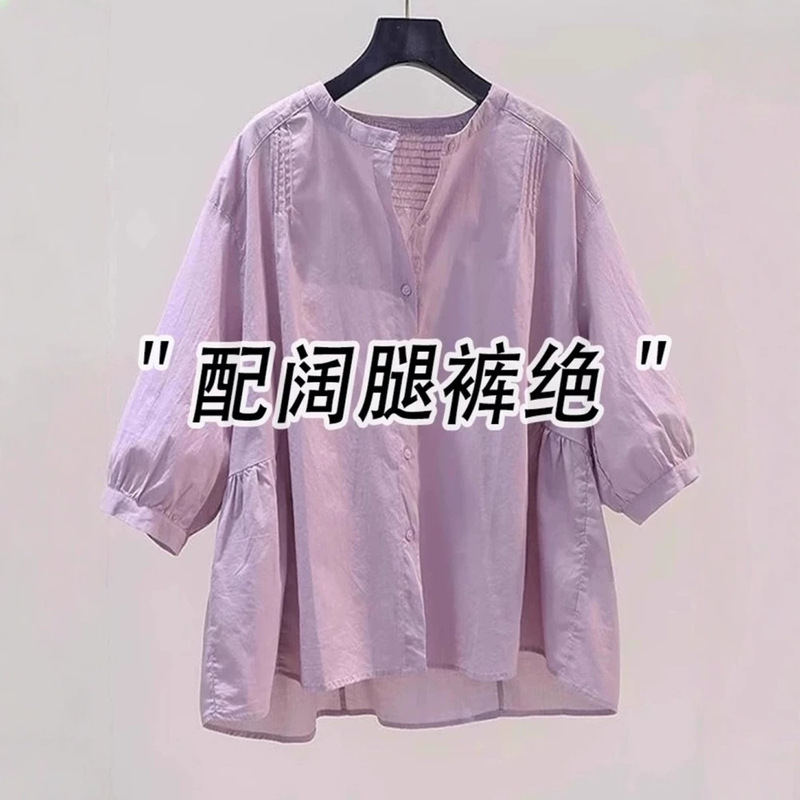 Purple Three-Quarter Sleeve Cotton and Linen Shirt for Women, Summer 2026 New Style, Age-Reducing, Stylish, Loose-Fitting, New Chinese-Style Doll Shirt Top