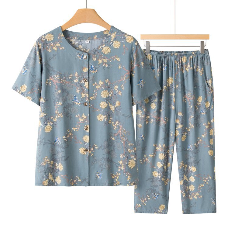 Middle-Aged and Elderly Mothers Cotton Silk Suit Women's Summer Thin Grandma Short-Sleeved Cardigan Top Artificial Cotton Old Lady Middle-Aged and Elderly Mothers Cotton Silk Suit Women's Summer Thin Grandma Short-Sleeved Cardigan Top Artificial Cotton Old Lady