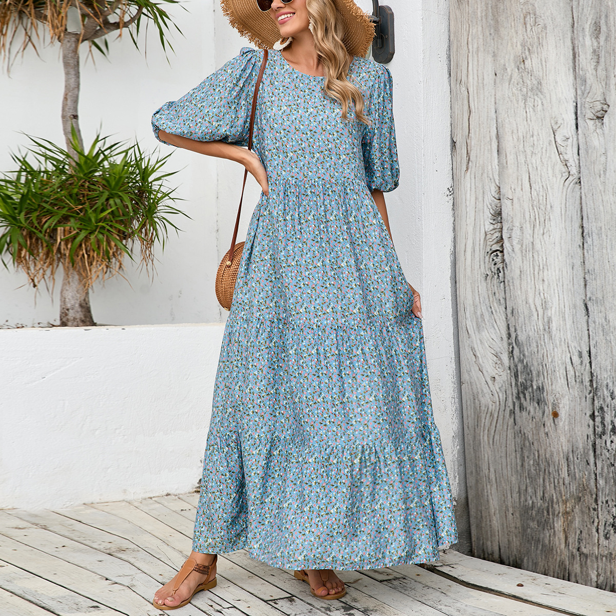 European And American Cross-border Foreign Trade Middle Eastern Robe, Loose-fitting Round-neck Mid-sleeve Dress,_ecoleips.com