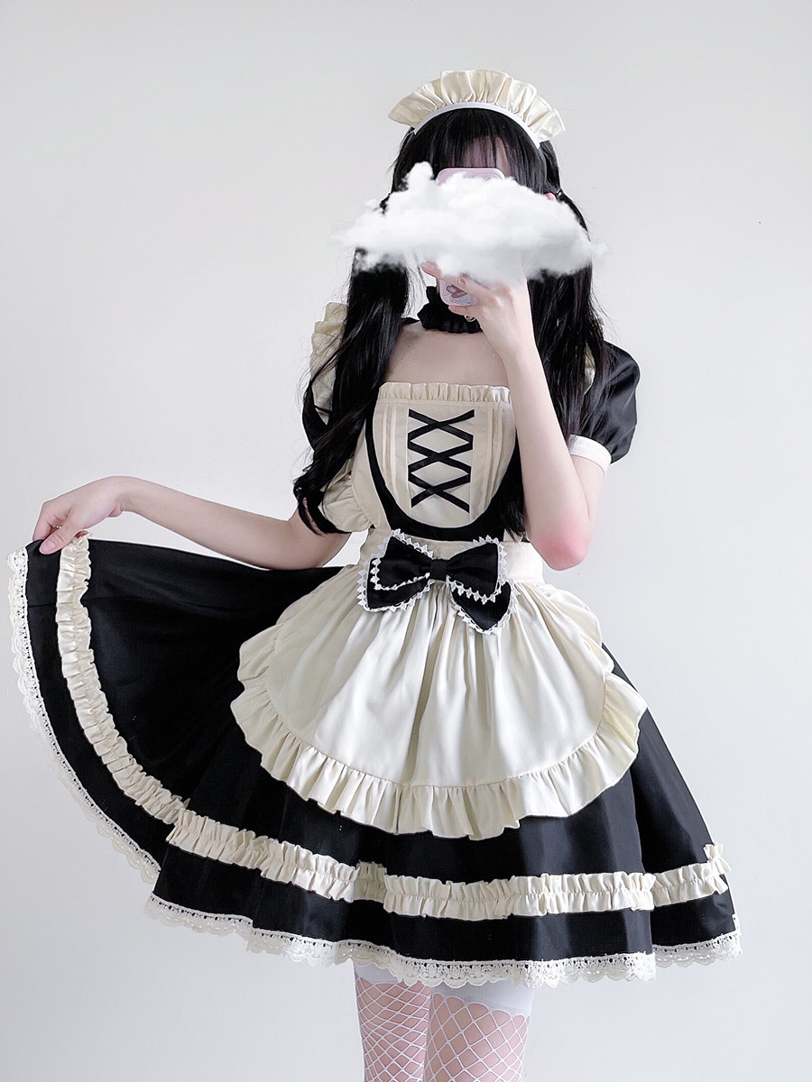 Japanese black and white lolita maid costume COS big guy cats big…