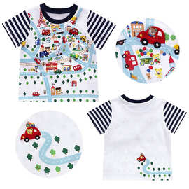 童装新款夏季日式卡通儿童小熊马路汽车刺绣印花短袖T恤