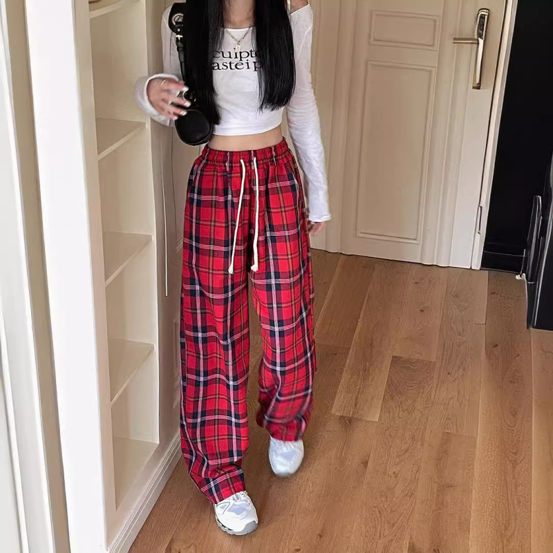 Korean style retro contrast color plaid pants women's autumn New loose high waist elastic drawstring drape casual straight trousers Korean style retro contrast color plaid pants women's autumn New loose high waist elastic drawstring drape casual straight trousers