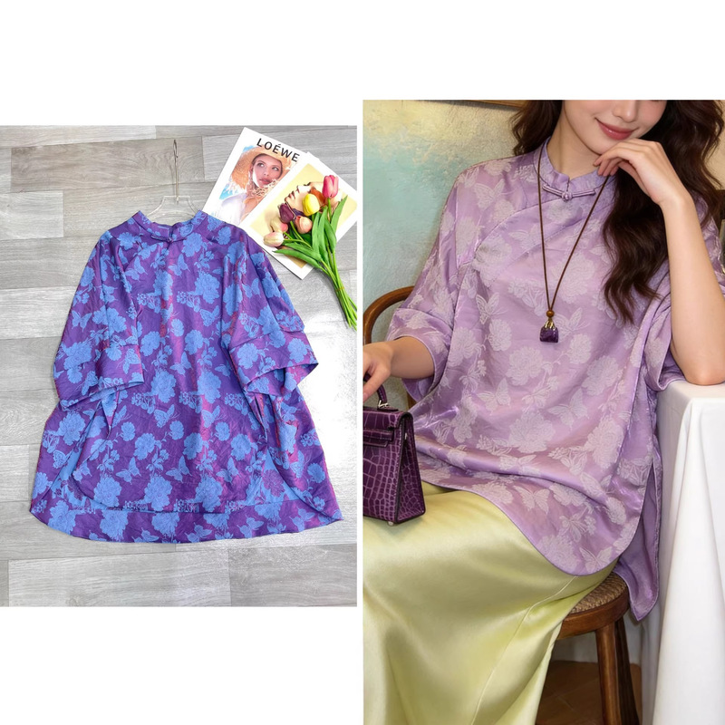 New Silk Shimmering Brocade Chinese Style Top with Half Sleeves 2026 New Style Loose Fit Slimming Cover-Up Thin Backless Lazy Shirt New Silk Shimmering Brocade Chinese Style Top with Half Sleeves 2026 New Style Loose Fit Slimming Cover-Up Thin Backless Lazy Shirt