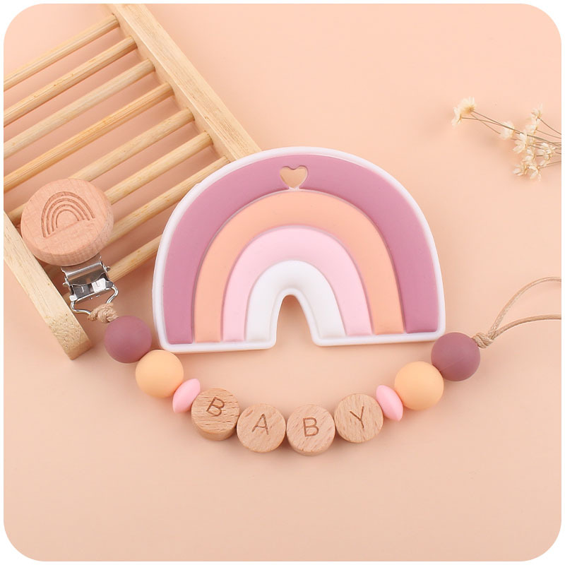 Nuevo bebé Arco Iris haya clip chupete Cadena de dibujos animados Arco Iris silicona mordedor molar juguete