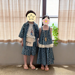 童套装2026夏季男童女童韩版圆点短袖短裤套装儿童无袖吊带兄妹装