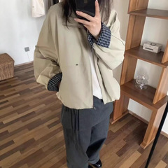 韩系立领短外套女2025秋季新款宽松小个子袖口格子高级感夹克外套