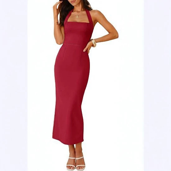 2026 Sleeveless Square Neckline Open Back Midi Dress with Back Slit Elegant Wedding Guest Formal Party Long Dress