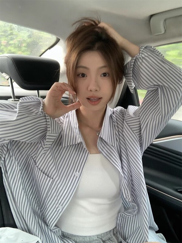 大码2025春秋新款韩系ins复古设计感宽松百搭显瘦长袖条纹衬衫女|undefined