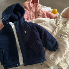 奶油夹棉外套2025冬男女童羊羔毛拼接连帽棉服宝宝潮牌毛毛衣跨境