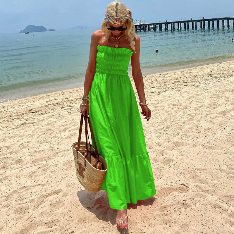 Women's A-line Skirt Tropical Strapless Backless Sleeveless Solid Color Maxi Long Dress Travel Beach display picture 6