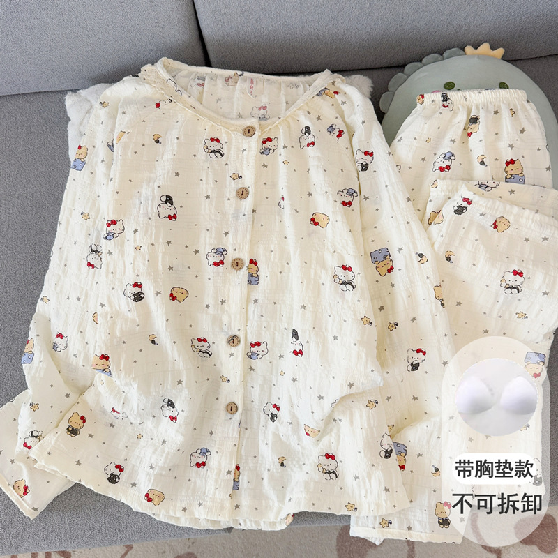 Cute cat cloud patterned pure cotton gauze pajamas with built-in bra, long-sleeved, round neck, suitable for spring, summer, and autumn, offering a luxurious feel, designed for women Cute cat cloud patterned pure cotton gauze pajamas with built-in bra, long-sleeved, round neck, suitable for spring, summer, and autumn, offering a luxurious feel, designed for women