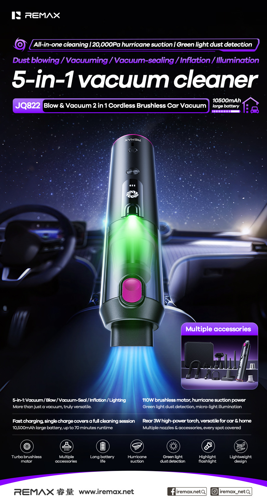 REMAX Rui Liang car-mounted, cordless, brushless vacuum cleaner with integrated blowing and suction functions, featuring a built-in light and long battery life for convenient portability