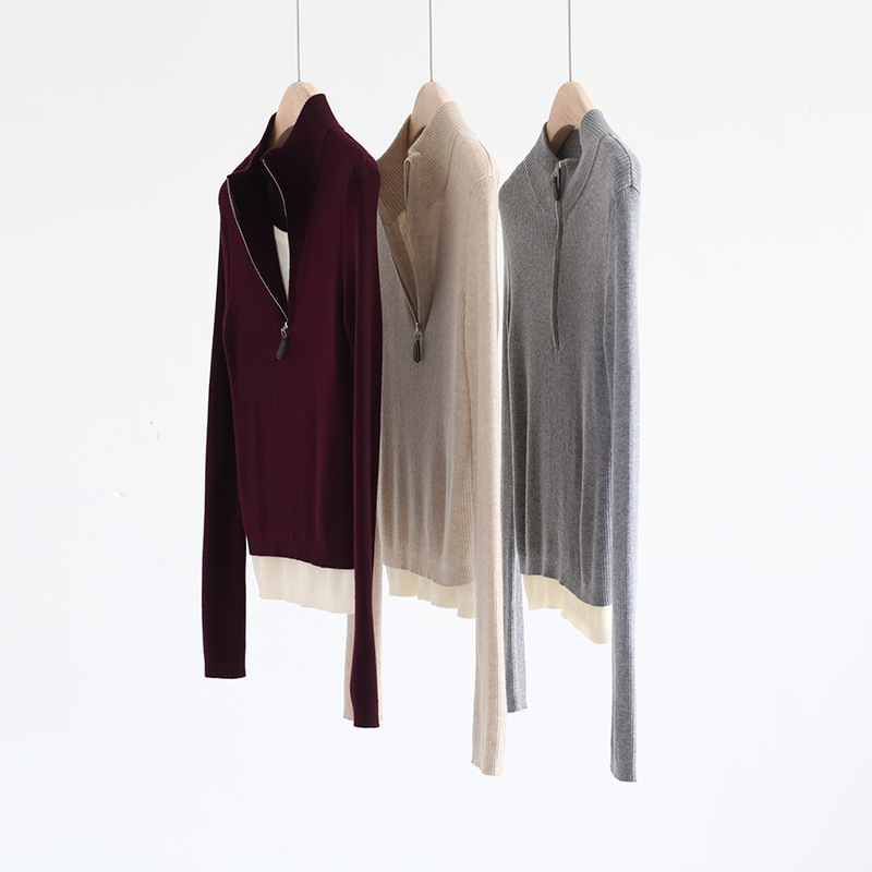 Autumn and Winter French Fashionable Zipper Color Matching Fake Two-Piece Layered Long-Sleeved Wool Blend Pullover Knitwear Pullover Top Autumn and Winter French Fashionable Zipper Color Matching Fake Two-Piece Layered Long-Sleeved Wool Blend Pullover Knitwear Pullover Top
