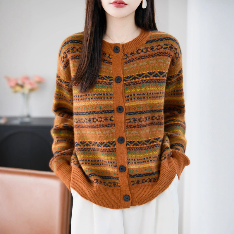 Loose Fair Isle Jacquard Knit Cardigan for Women, Colorful Striped Versatile Slimming New Thick Sweater Women's Jacket