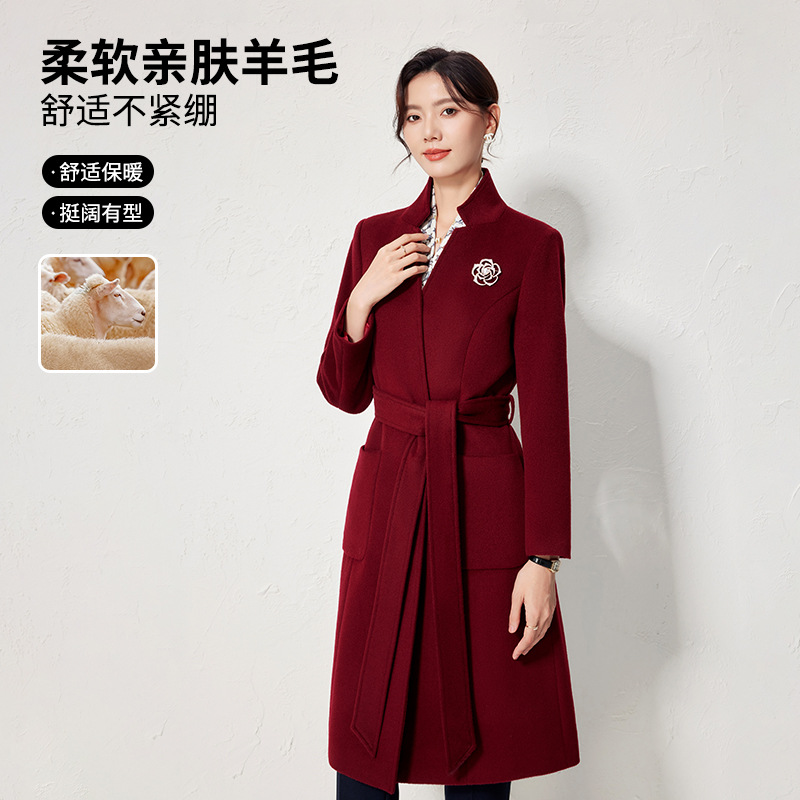Autumn and Winter Woolen Coat Women's High Sense Mid-length Fashionable Vertical Collar Ankara Red Business Wear Commuter Woolen Coat