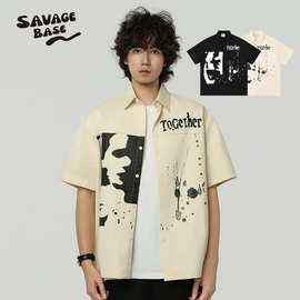 SAVAGEBASE 2026夏季新款潮牌嘻哈泼墨人像剪影印花纯棉衬衫男女