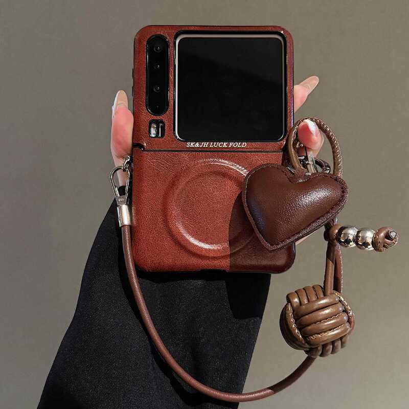 Crazy Horse Pattern Suitable for Huawei Purax Foldable Phone Case P50Pocket 2 Magnetic Heart Lanyard Protective Cover