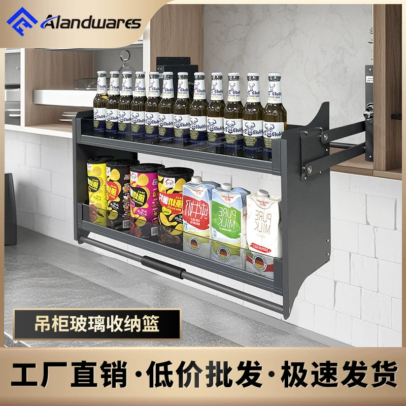 Подвесной шкаф с демпфирующейся подъемной корзиной Кухонный шкаф Верхний шкаф Откидная стойка для хранения Приправы Откидная корзина из алюминиевого сплава