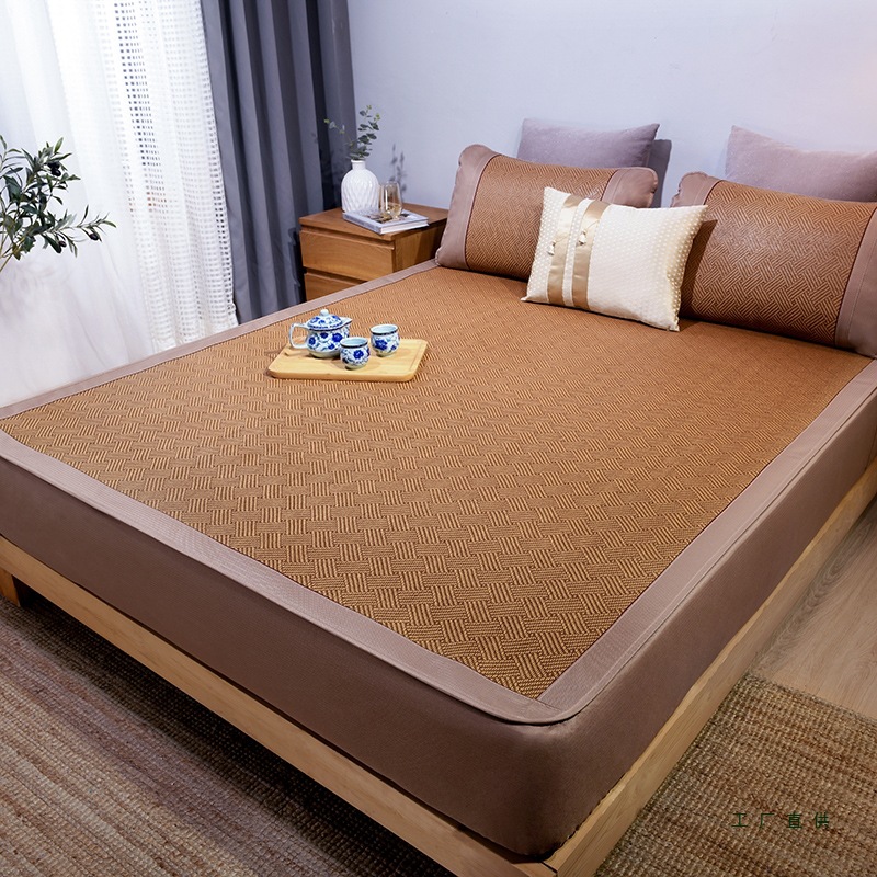 Summer Mat and Fitted Sheet, Thickeneded Rattan Mat, Natural Mat Three-Piece Set, All-Inclusive Foldableing Straw Mat, Suitable for Babies