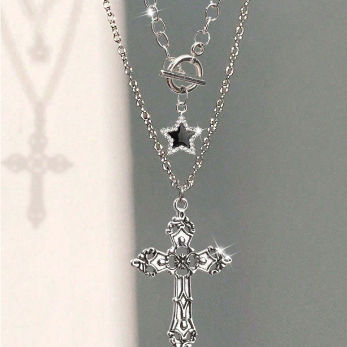 European and American Cross-Border Jewelry Gothic Hip-Hop Necklace Retro Cross Pendant Five-Pointed Star Clavicle Chain Necklace for Women
