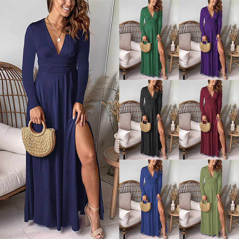 Deep V Neck Long-Sleeved Dress Pleated High-Waisted Slit Club Party Evening Dress Pure Color Dress