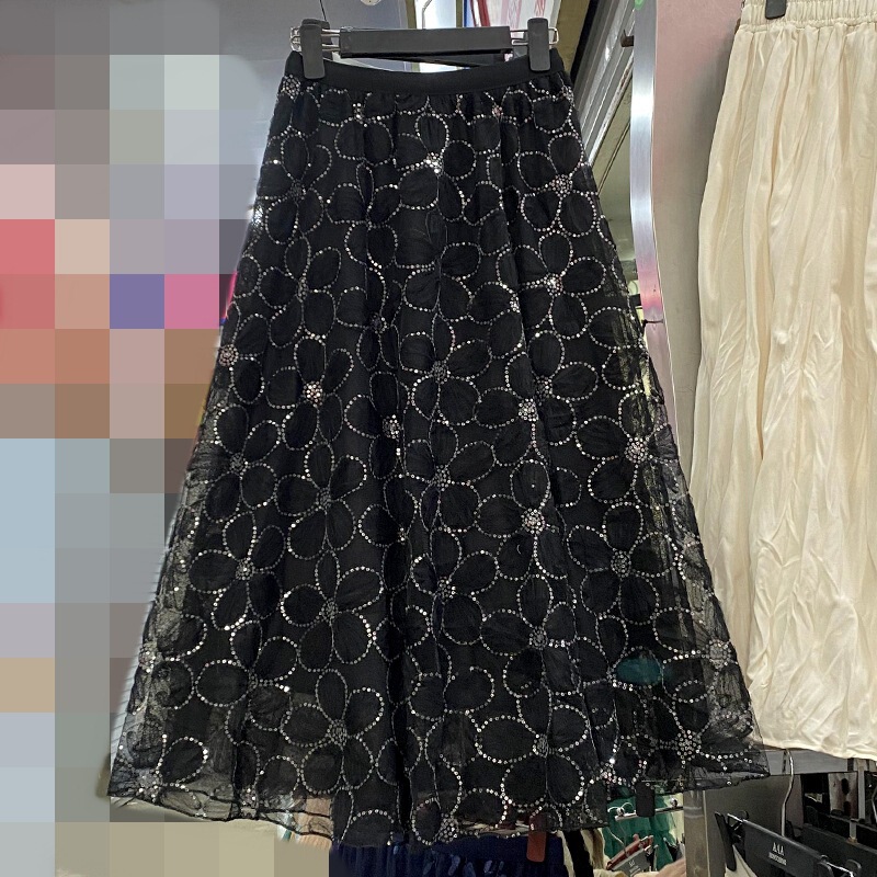 Sequined Gauze Skirt 2025 Autumn and Winter New French Sweet Lace Flower Mesh Skirt Mid-Length Large Hem Skirt for Women