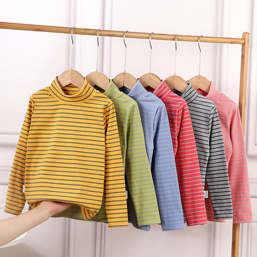 Children's Base Shirt for Autumn/Winter, Large and Medium Size, Striped High Collar Long Sleeve T-shirt for Boys and Girls, Warm Autumn Top