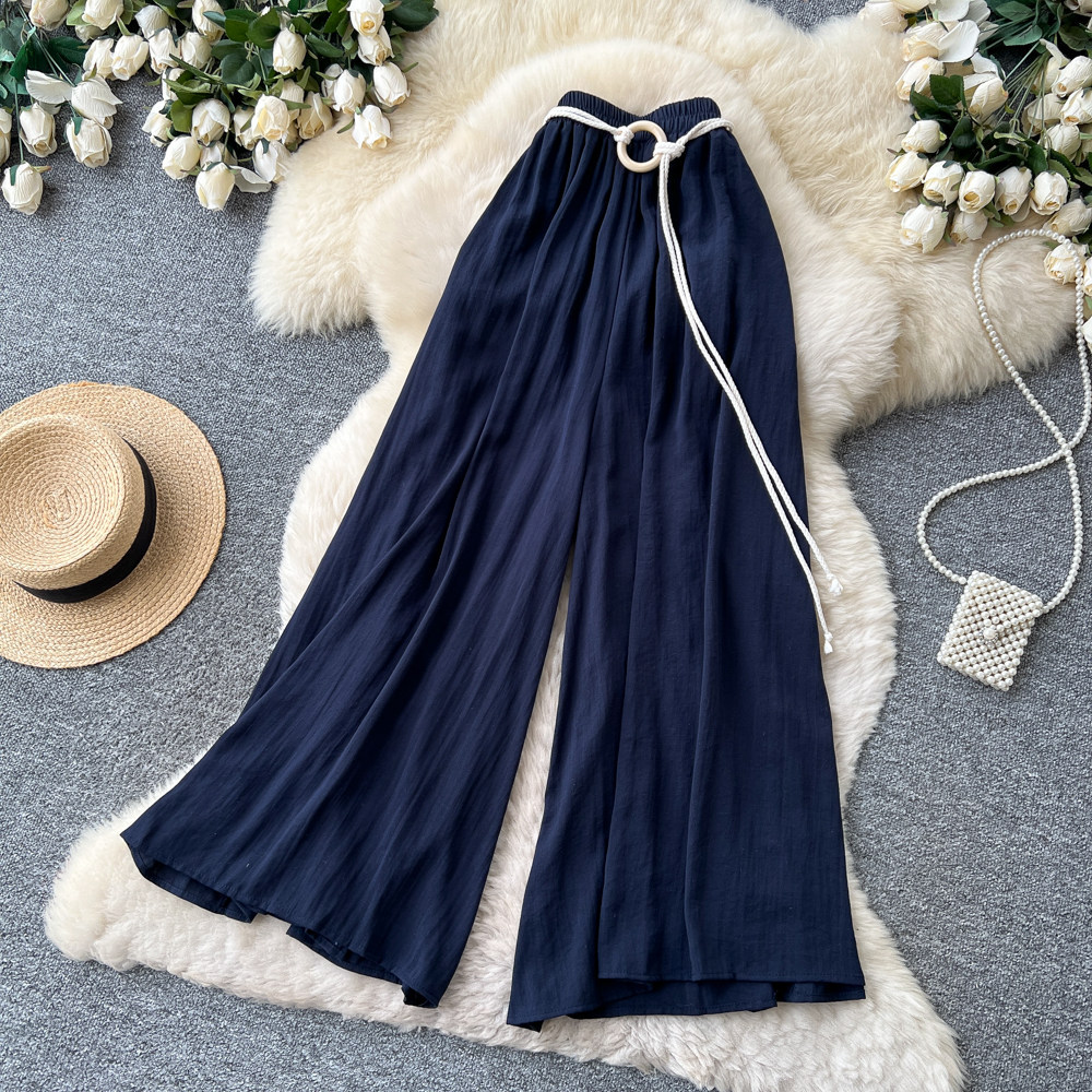 Women's High-Waisted Wide-Leg Trousers Tie Waist Retro Commuter Style Flowy Drapery Relaxed Fit Casual Pants_ecoleips.com