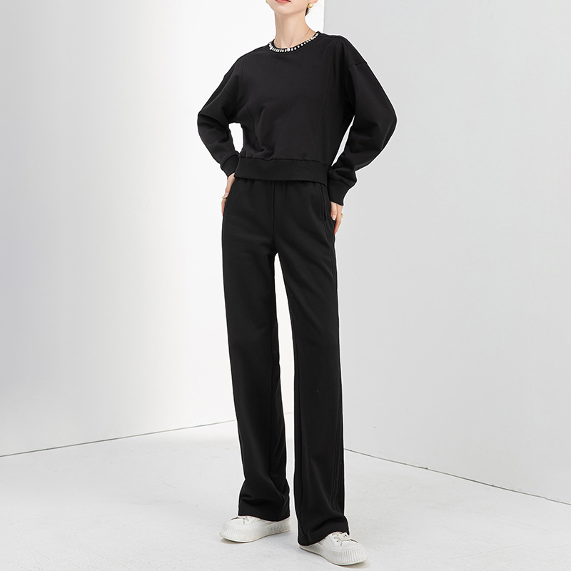 Xinge Hand-stitched Diamond Grey Short Round Neck Sweat Women's 2024 Autumn New Loose Small Sports suit