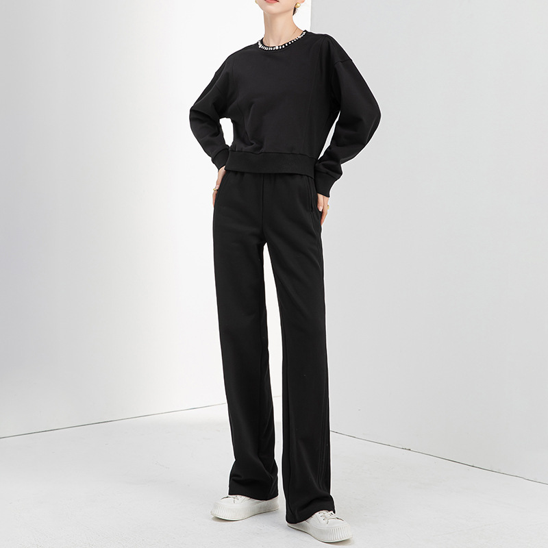 Xinge Hand-stitched Diamond Grey Short Round Neck Sweat Women's 2024 Autumn New Loose Small Sports suit