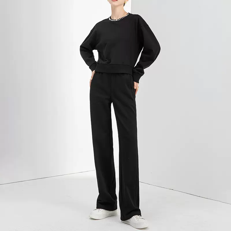 鑫阁手缝钻灰色短款圆领卫衣女款2024秋季新款宽松小个子运动套装