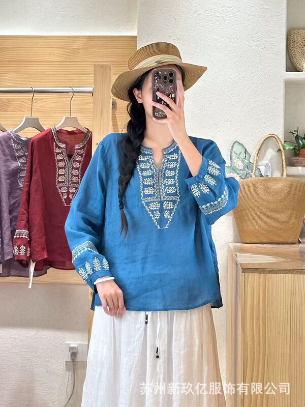 苎麻小衫女2025秋季款文艺纯色长袖V领绣花套头宽松套头衬衫上衣|undefined