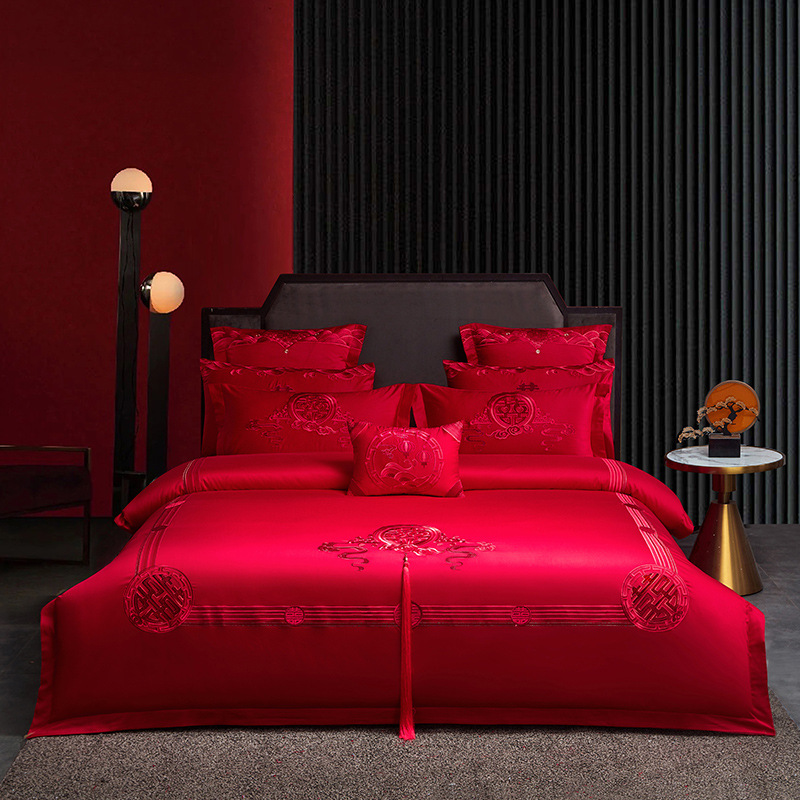 Juego de cuatro piezas de algodón puro para dote de novia, color rojo brillante, funda de edredón bordada totalmente de algodón, sábana de cama de boda, cubrecama, ropa de cama para todas las estaciones.