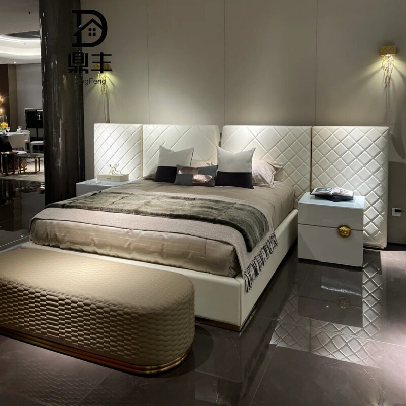 Italian-Style Light Luxury Wide-Screen Leather Bed, White Villa Large Master Bedroom Double Leather Bed, Designer High-End Luxury Italian-Style Light Luxury Wide-Screen Leather Bed, White Villa Large Master Bedroom Double Leather Bed, Designer High-End Luxury