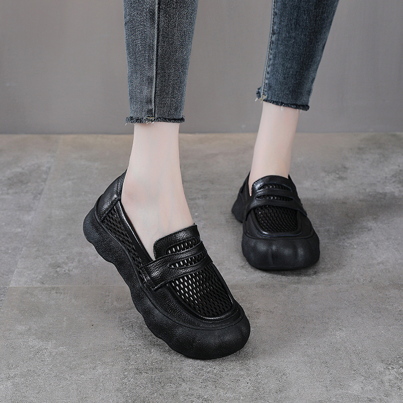 Giày sandal lười nữ đế bệt da bò thật phong cách cổ điển mùa hè — màu nâu