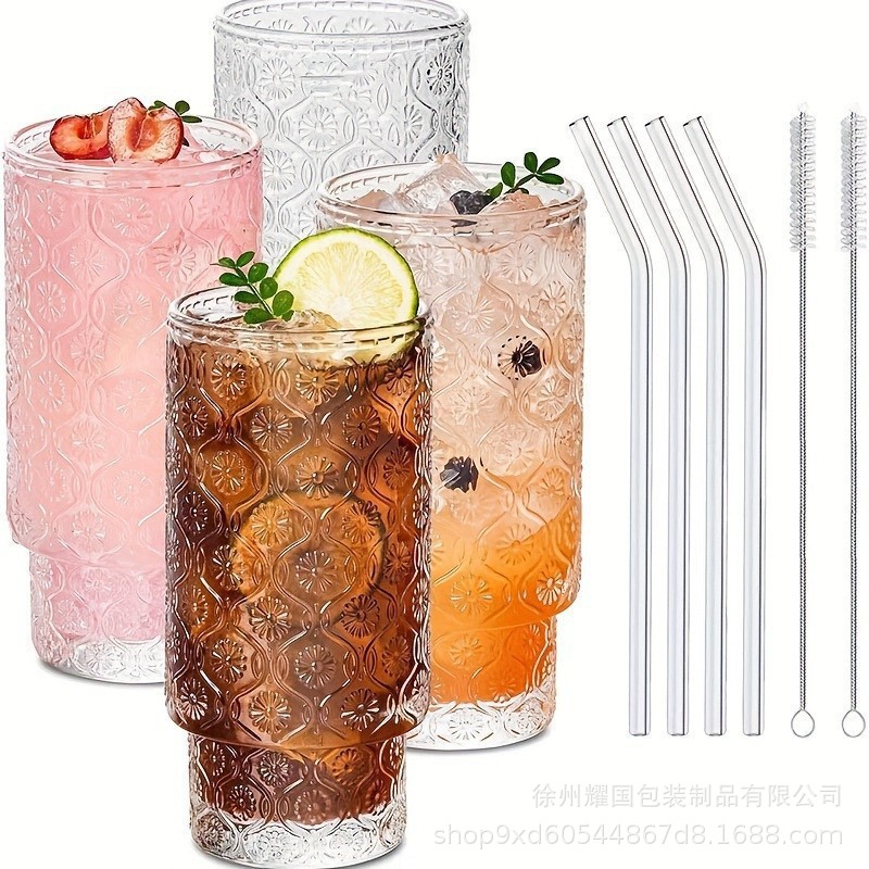 Exportación Amazon 11oz taza apilada de vidrio taza de bambú de patrón vertical transparente taza de sorbete de bebida de gran diámetro taza de jugo