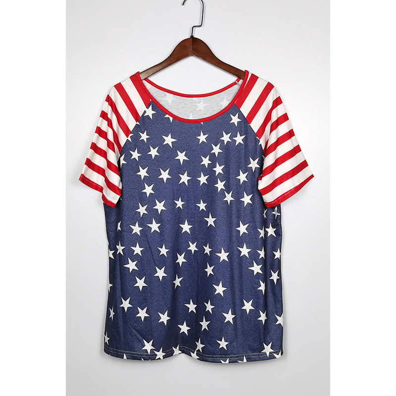 A large number of spot cross-border European and American Amazon summer women's independence day striped stitching stars short sleeve t-shirt women A large number of spot cross-border European and American Amazon summer women's independence day striped stitching stars short sleeve t-shirt women