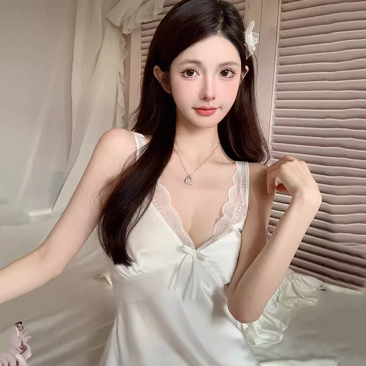 Ropa de verano con cojín de pecho colgante V-collar pijama sexy puro encaje delgado pijama de seda de nieve de color sólido mujer