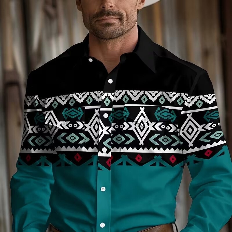 2026 Cross-Border Mexican Style 3D Digital Printing Retro Color-Blocking Print Men's Long-Sleeve Amazon Shirt
