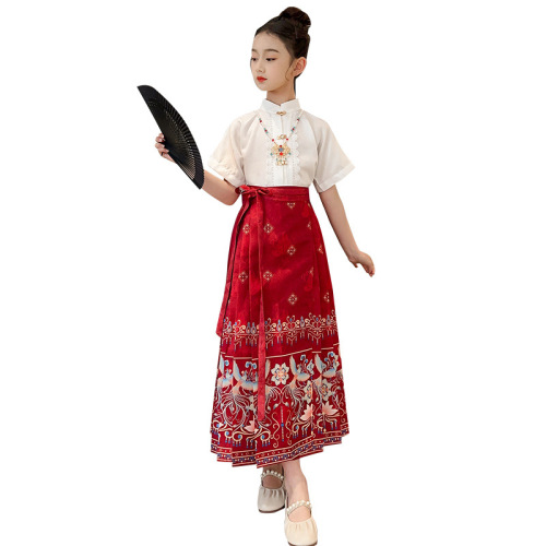Girls' Chinese-style ancient costumes improved horse-faced skirt suit for girls, older children, summer style, children's Hanfu, children's clothing, Ming Dynasty Tang suit