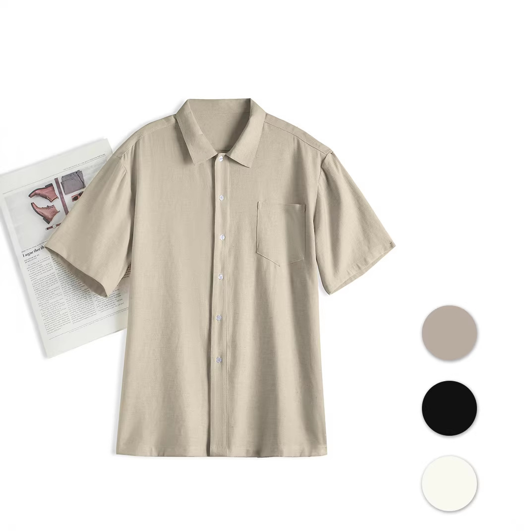 0108 Summer Men's Shirt, Simple Solid Color Business Casual Turn-Down Collar, Stylish and High-End Linen Short Sleeve