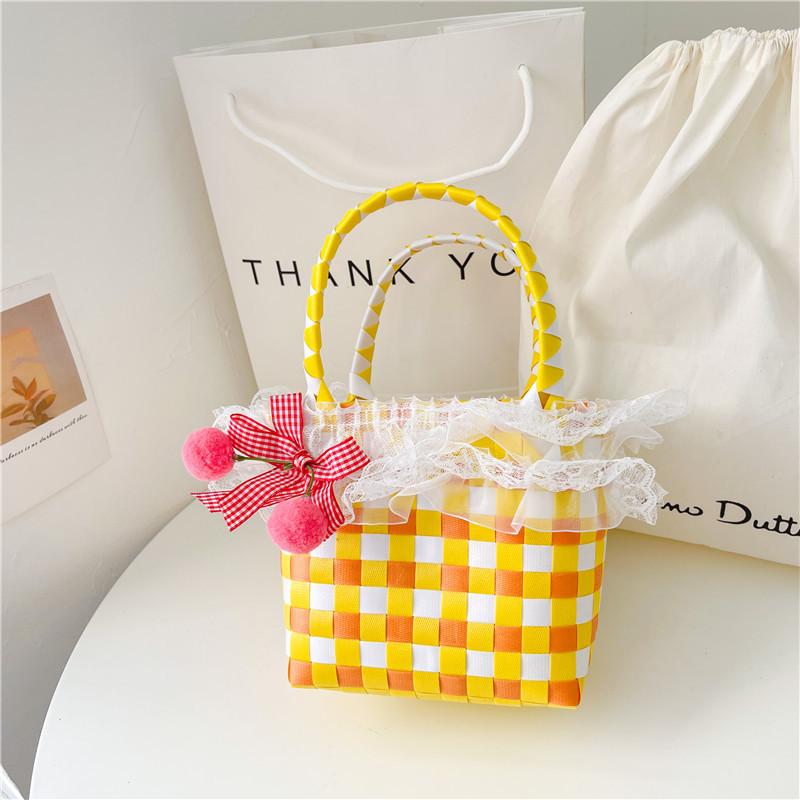 Al por mayor pastoral cesta de verduras niña los niños dibujos animados conejo fresco color tejido bolso la muchacha